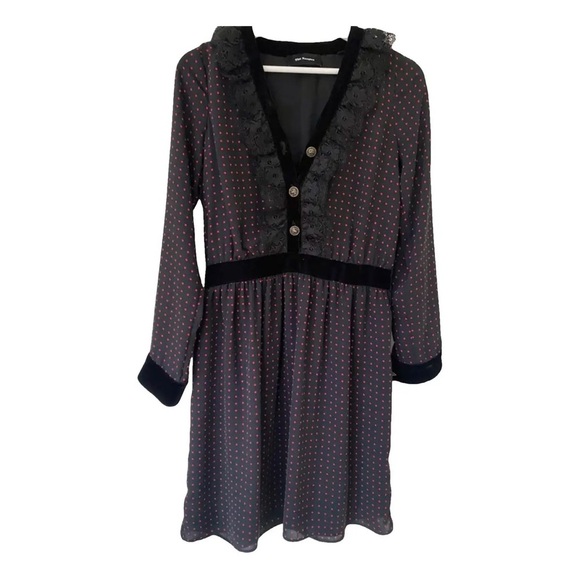 THE KOOPLES POLKA DOT BLACK RED LACE VELVET Long Sleeve DRESS - Picture 12 of 13